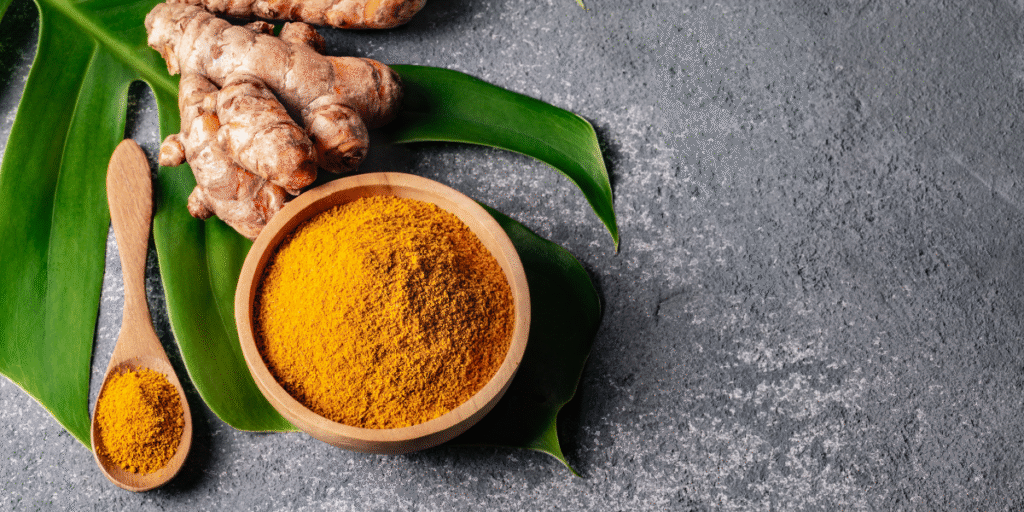 Fresh turmeric roots and organic turmeric powder in a wooden bowl and spoon on green leaves, natural Indian spice export quality