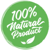 100% natural product icon with green background and two leaves.