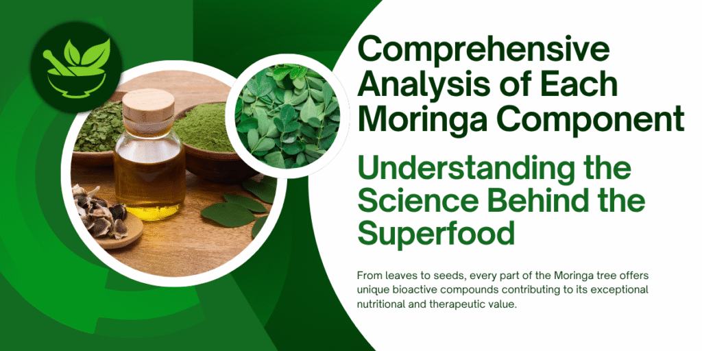 Detailed visual showing moringa oil, powder, leaves, and seeds, emphasizing scientific analysis and superfood value.