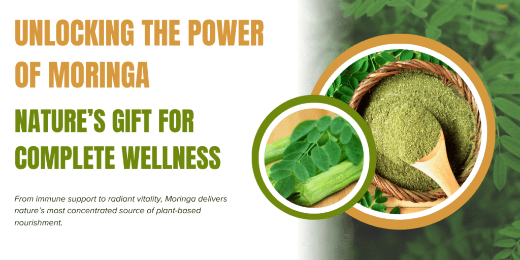 Moringa powder in a wooden bowl surrounded by fresh leaves, pods, and flowers, symbolizing ancient nutritional wisdom.