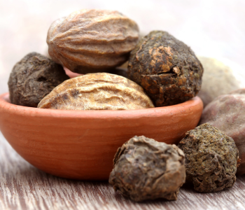 Dried triphala fruits in soil bowl on table authenticity by SoilSaga Naturals