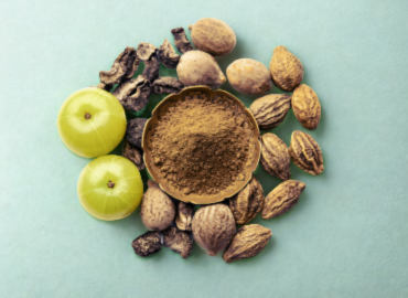 Triphala powder, brass bowl with Amla, Haritaki, Bibhitaki SoilSaga Naturals