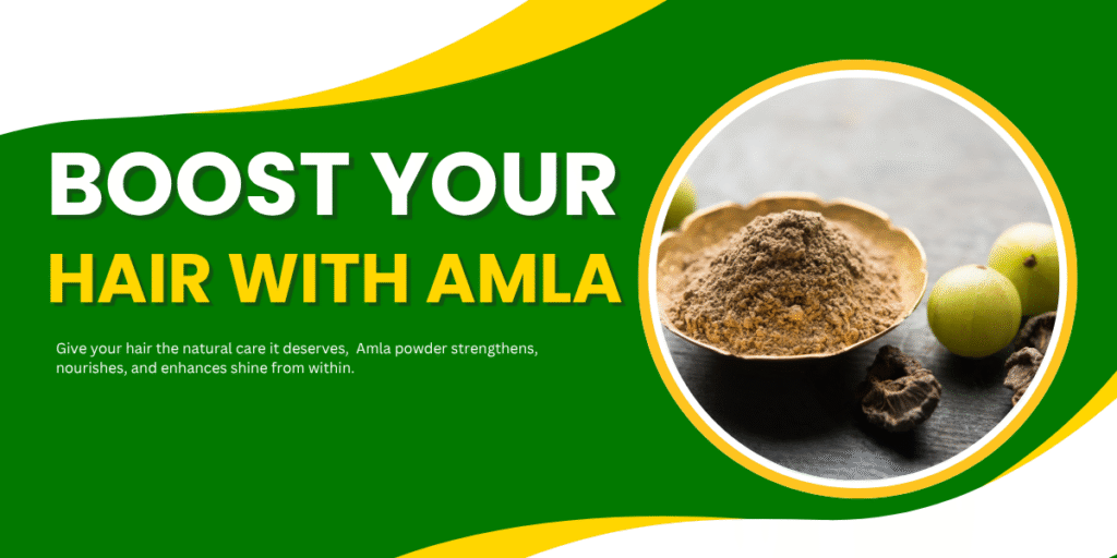 Amla powder heap in a traditional bowl with gooseberry fruits.