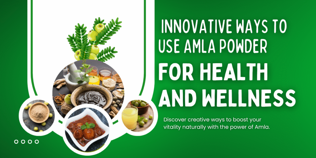 Fresh amla fruits hanging on a tree, with inset of hands holding gooseberries and a bowl of amla powder.