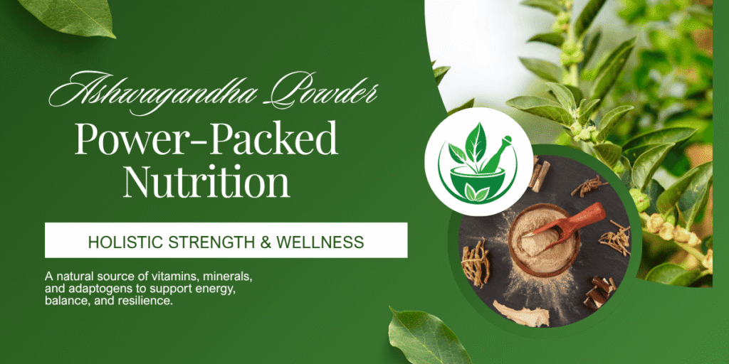 Ashwagandha powder in a wooden bowl with roots and green plant for holistic strength and wellness.