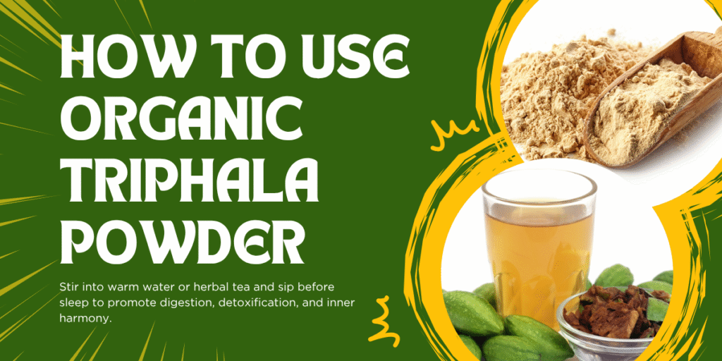 Scoop of organic Triphala powder and glass of herbal tea with whole dried fruits.