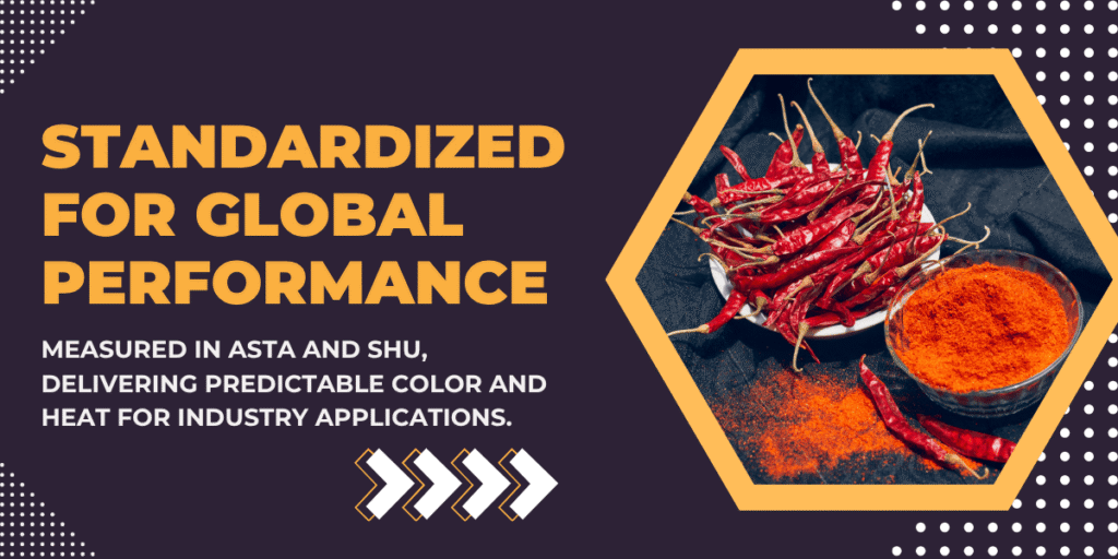 Export-quality red chilli powder with dried chillies showing ASTA color consistency and SHU heat standardization.