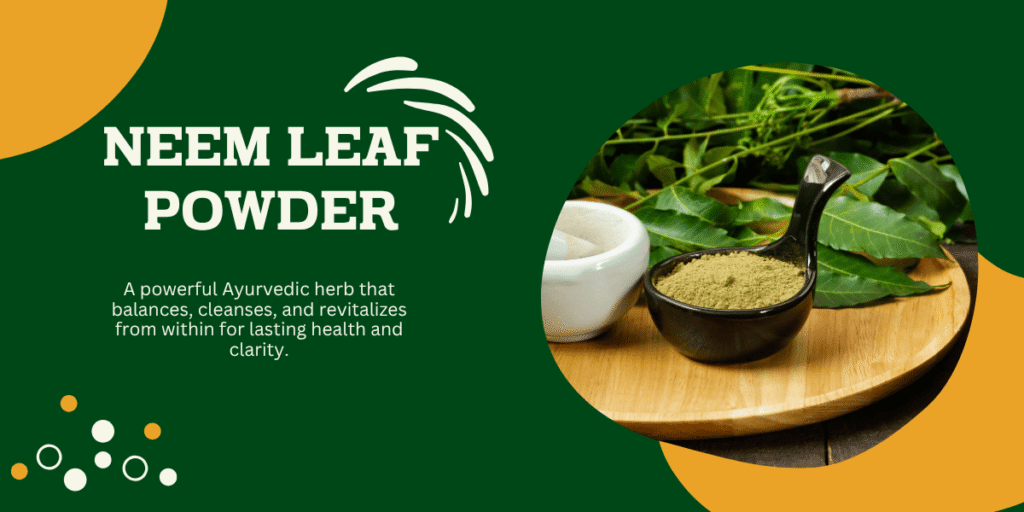 Spoonful of green neem leaf powder beside mortar, fresh neem leaves, and a wooden board