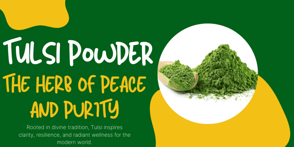 Pile of vibrant green tulsi powder beside a wooden spoon, symbolizing peace and purity.